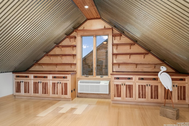 bonus room with light wood finished floors, wood ceiling, a wall mounted AC, and vaulted ceiling