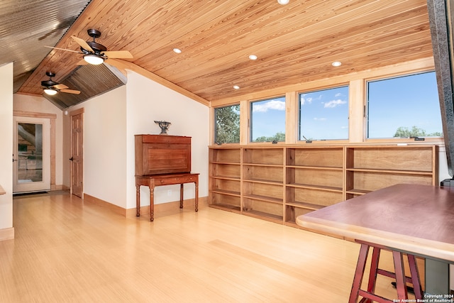 interior space featuring wood ceiling, ceiling fan, light wood-type flooring, and lofted ceiling