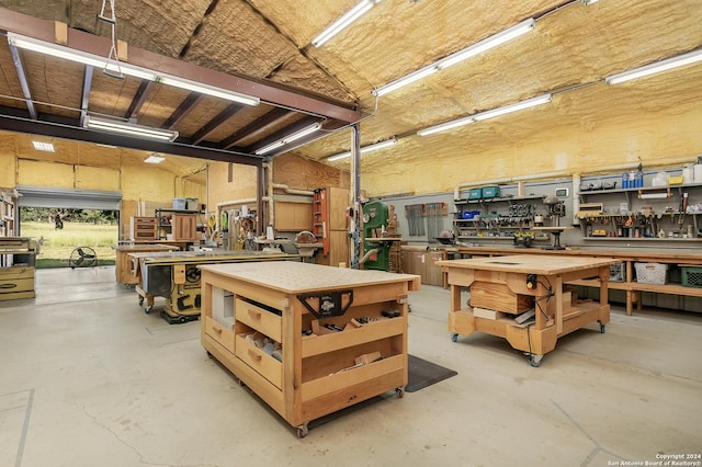 garage with a workshop area