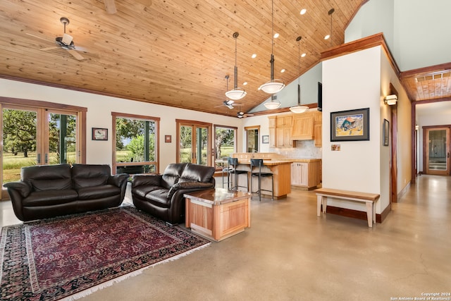 living room with wood ceiling, high vaulted ceiling, and ceiling fan