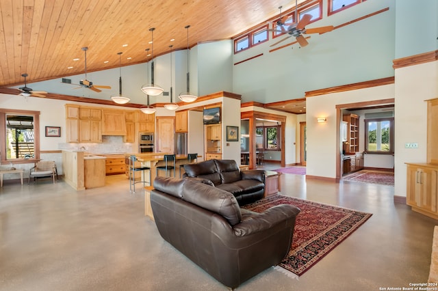 living room with high vaulted ceiling, ceiling fan, and wooden ceiling