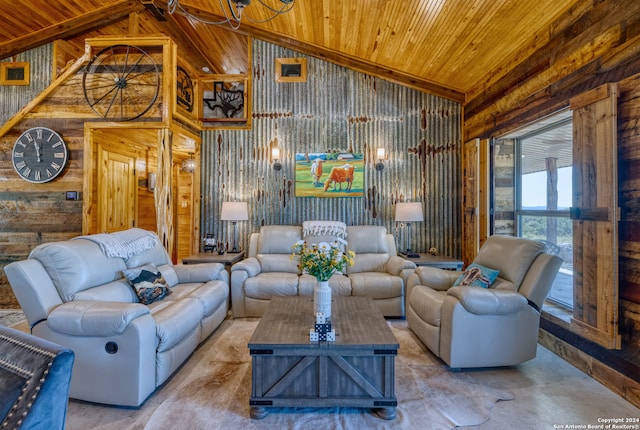 living room featuring wood ceiling and high vaulted ceiling