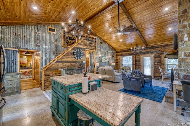 dining area featuring ceiling fan with notable chandelier, wood ceiling, high vaulted ceiling, and a wealth of natural light