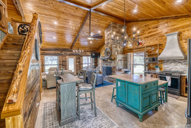 kitchen featuring wood ceiling, a kitchen island, custom range hood, and stainless steel appliances