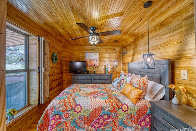 bedroom with wood-type flooring, wooden walls, wooden ceiling, and ceiling fan