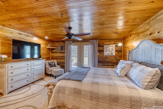 bedroom with wood ceiling, access to exterior, and ceiling fan