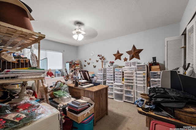 miscellaneous room with a textured ceiling, carpet flooring, and ceiling fan