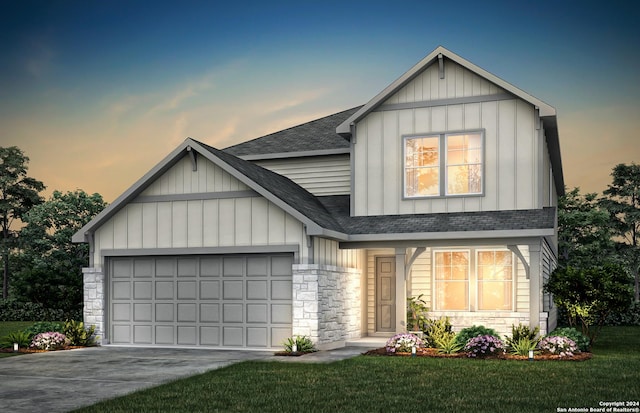 10403 Gibbons Crk, San Antonio, TX 78252 - modern farmhouse featuring a shingled roof, board and batten siding, an attached garage, driveway, and stone siding
