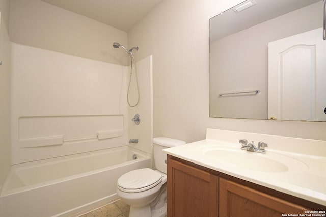 bathroom featuring toilet, vanity, shower / bathing tub combination, and visible vents