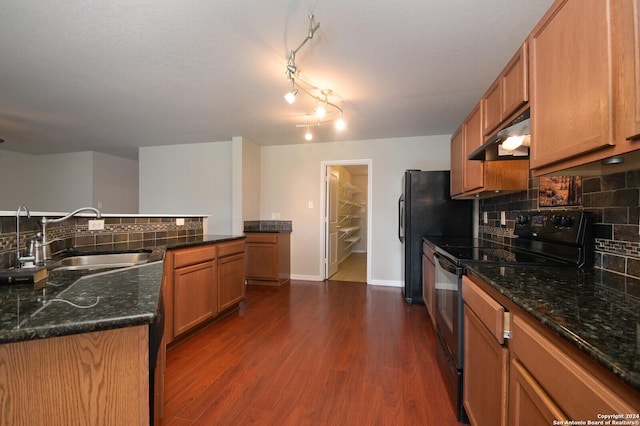 kitchen with under cabinet range hood, decorative backsplash, a sink, dark wood-style floors, and black appliances