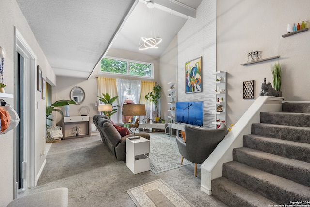 living room with a chandelier, carpet, high vaulted ceiling, and beam ceiling