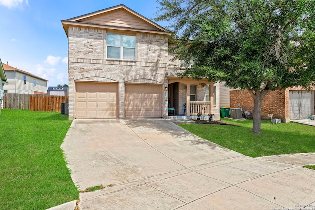 view of front property with covered porch, central AC, a front lawn, and a garage