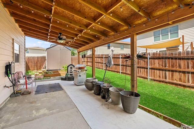 view of patio featuring a storage unit