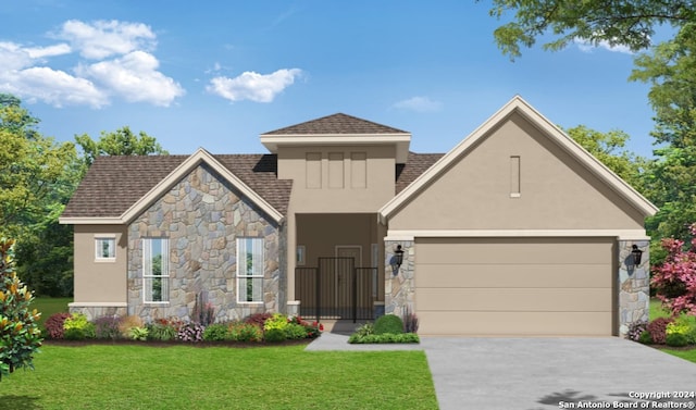 view of front of house featuring a front lawn and a garage