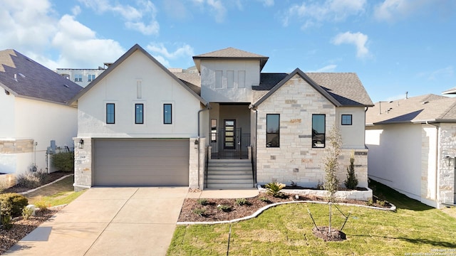 view of front of home featuring concrete driveway, roof with shingles, a front yard, stucco siding, and an attached garage