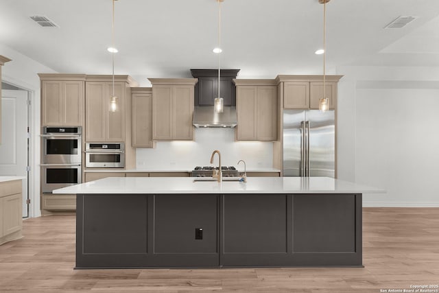 kitchen with visible vents, appliances with stainless steel finishes, an island with sink, and light countertops