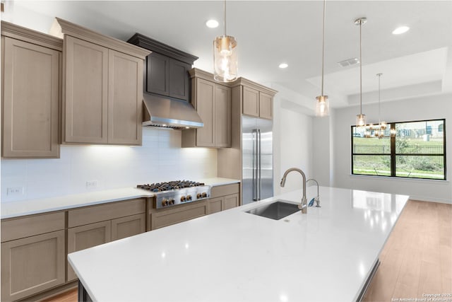 kitchen featuring range hood, visible vents, a sink, stainless steel appliances, and a raised ceiling