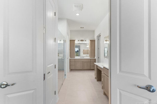 full bath with tile patterned floors, visible vents, recessed lighting, and vanity