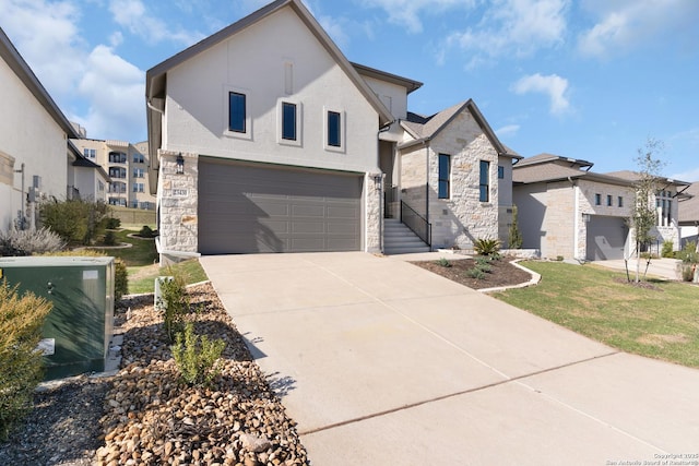 view of front of home with a front lawn, central air condition unit, concrete driveway, stone siding, and an attached garage