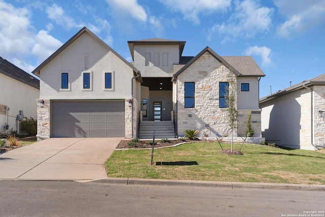 view of front of home with a front yard, stucco siding, a garage, stone siding, and driveway