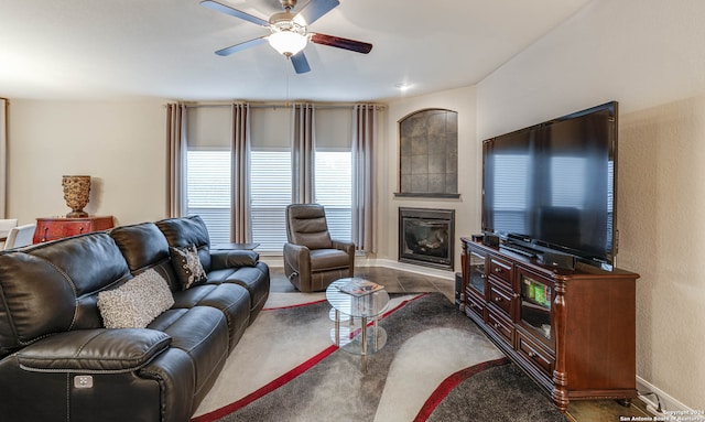 living room featuring ceiling fan