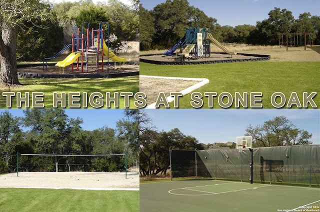 exterior space featuring a playground, a lawn, and volleyball court