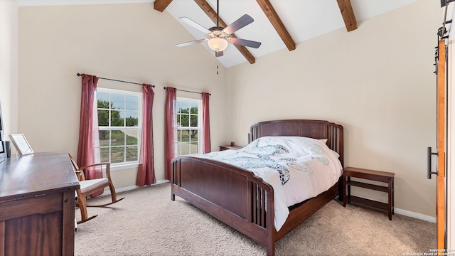 bedroom featuring high vaulted ceiling, ceiling fan, light colored carpet, and beamed ceiling