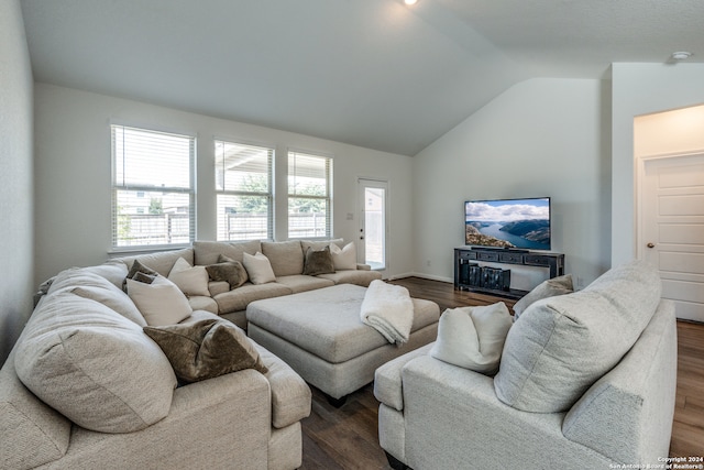 living room with vaulted ceiling and dark hardwood / wood-style flooring