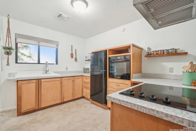 kitchen with wall chimney range hood, sink, and black appliances