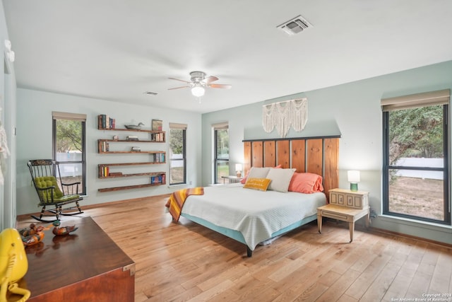 bedroom with ceiling fan and light wood-type flooring