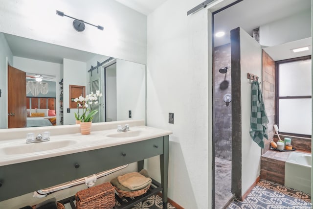 bathroom featuring vanity, a bathing tub, and ceiling fan