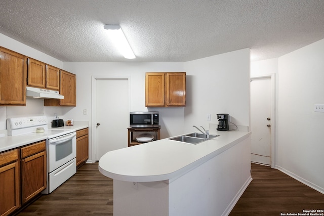 kitchen featuring a textured ceiling, white range with electric cooktop, sink, and dark hardwood / wood-style floors