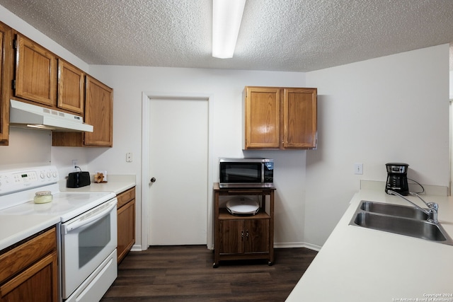 kitchen featuring a textured ceiling, sink, white electric stove, and dark hardwood / wood-style flooring