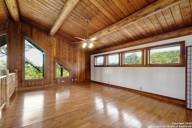 unfurnished room with light wood-type flooring, beamed ceiling, and wood ceiling