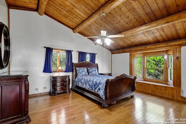 bedroom featuring lofted ceiling with beams, wood ceiling, baseboards, and wood-type flooring