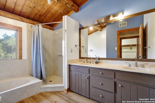 bathroom featuring shower with separate bathtub, vaulted ceiling, vanity, hardwood / wood-style floors, and wood ceiling