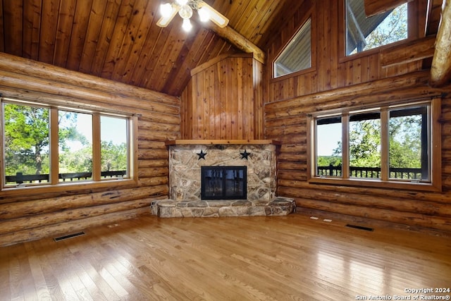 unfurnished living room featuring a fireplace, high vaulted ceiling, plenty of natural light, and ceiling fan