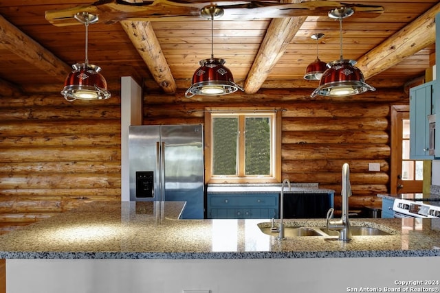 kitchen with pendant lighting, stainless steel appliances, kitchen peninsula, wooden ceiling, and beam ceiling