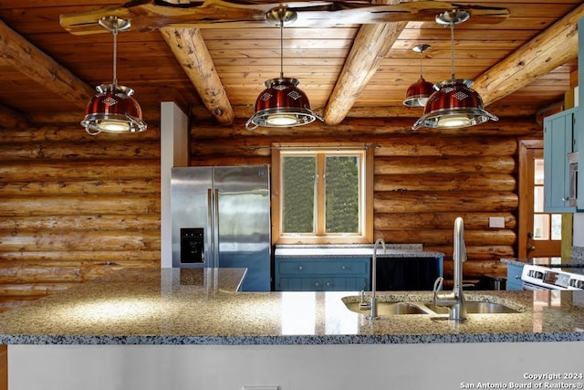 kitchen featuring wooden ceiling, stainless steel fridge with ice dispenser, stone counters, and a sink