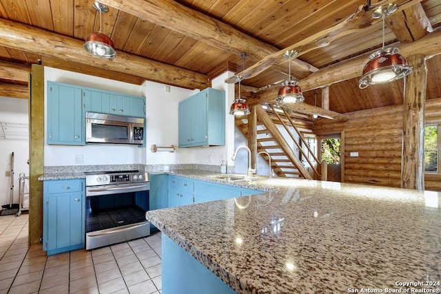kitchen featuring beam ceiling, blue cabinetry, a sink, appliances with stainless steel finishes, and a peninsula