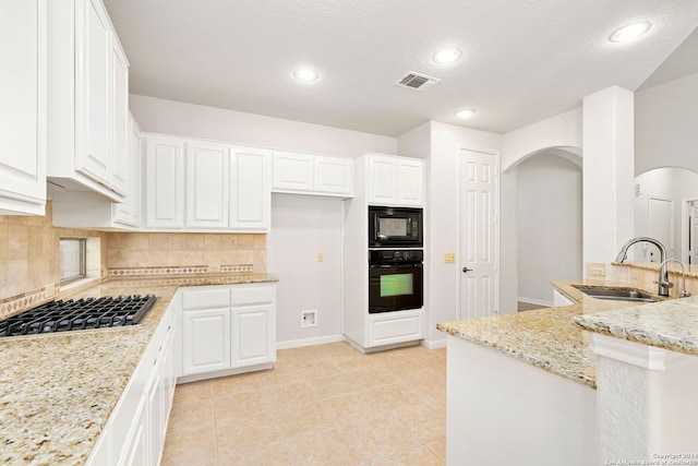 kitchen featuring tasteful backsplash, visible vents, a sink, light stone countertops, and black appliances