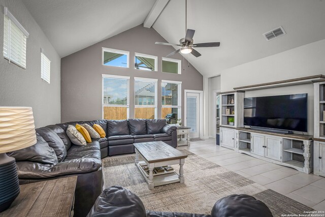 tiled living room with high vaulted ceiling, ceiling fan, and beam ceiling