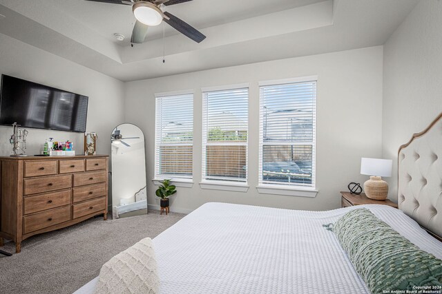 bedroom featuring ceiling fan, a raised ceiling, and carpet floors