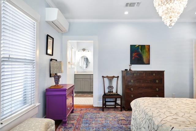 bedroom with a wall unit AC, crown molding, ensuite bath, multiple windows, and dark wood-type flooring