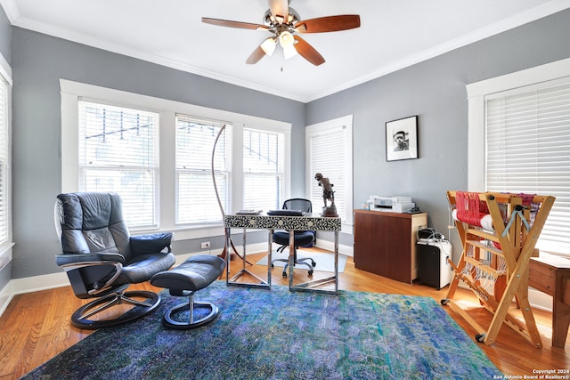 home office featuring crown molding, ceiling fan, and wood-type flooring