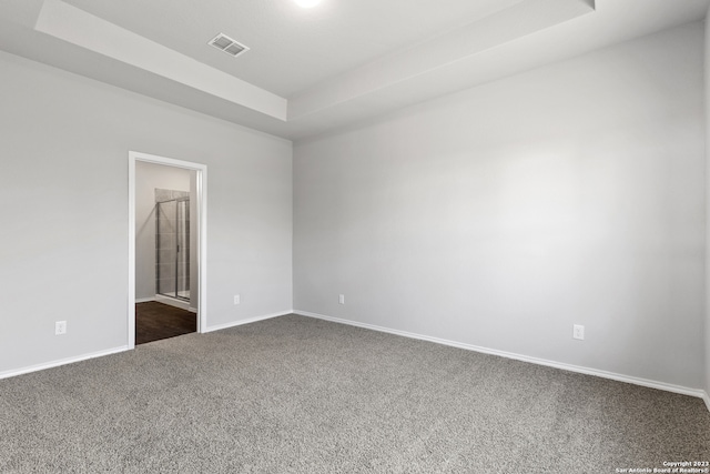 carpeted spare room featuring a tray ceiling