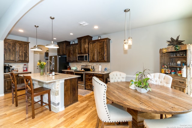 kitchen featuring light hardwood / wood-style flooring, pendant lighting, backsplash, an island with sink, and stainless steel appliances