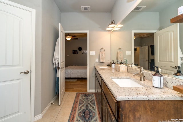 bathroom with vanity, wood-type flooring, and ceiling fan