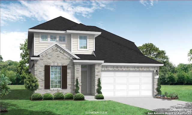 view of front of house with a front lawn, concrete driveway, roof with shingles, stone siding, and an attached garage