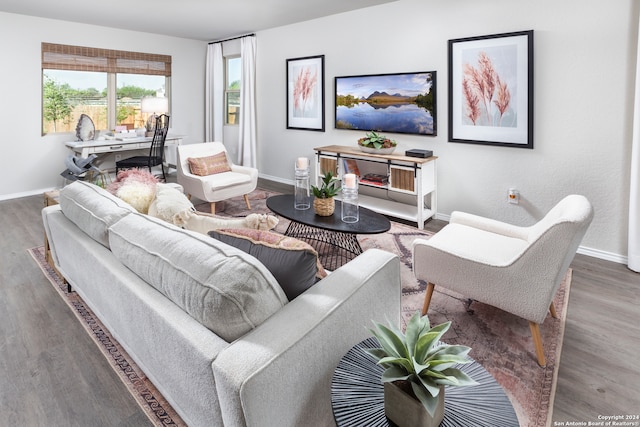 living room with dark hardwood / wood-style floors